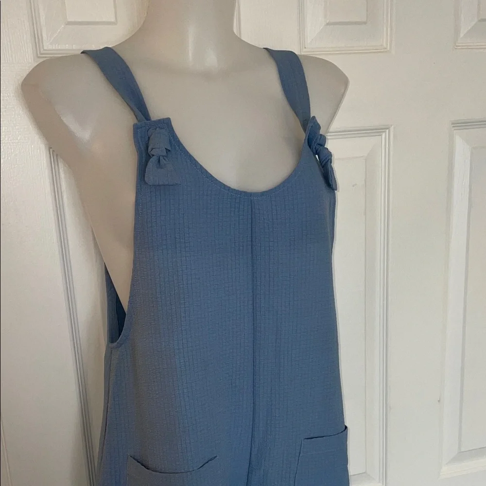 EMORY ROSE BLUE SLEEVELESS KNOT FRONT POCKET PATCHED OVERALL ROMPER SZ MED - Picture 7 of 10